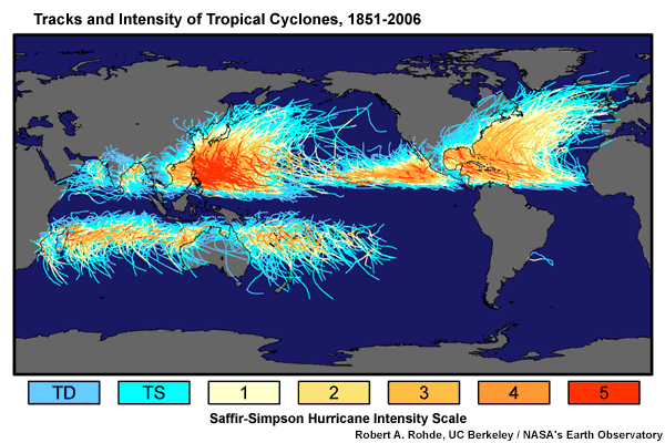 Tracks and intensities of tropical cyclones from 1851-2006