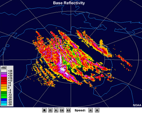 Radar reflectivity loop showing moderate intensity cells aligned in bands (or streets) downwind of lake Michigan.