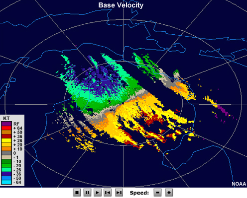 Radial velocity animation showing banded targets headed southeast downwind of lake Michigan.  