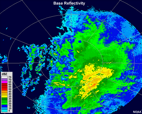Radar reflectivity showing a large area of moderate and low intensity precipitation.  The reflectivity gradient is relatively weak across the radar range and the edges of the echo are somewhat fuzzy.