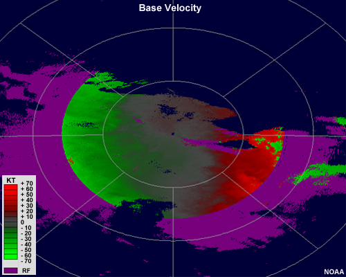 Base velocity image showing shades of green west of the radar and shades of red east of the radar.  A ring of purple, indicating range folding, exists at the edges of the radar range.