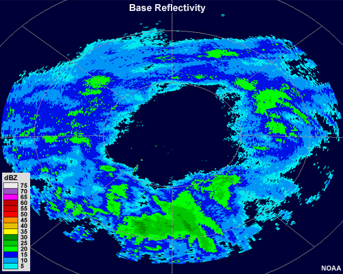 Base Reflectivity image showing a wide ring, or donut, of light to moderate precipitation centered around a radar site.