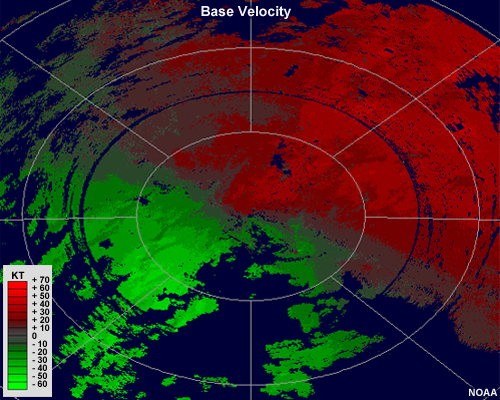 Radial velocity image showing shades of green to the south and west of the radar and shades of red to the north and east of the radar