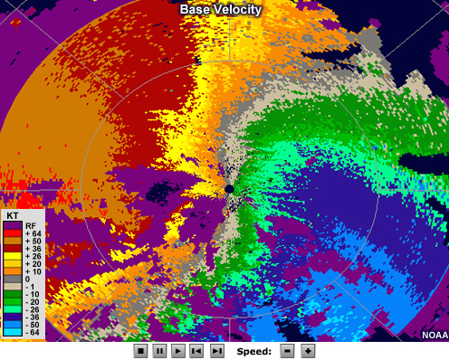 base velocity animation showing several small couplets within a background of very strong southeasterly winds.