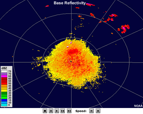 Radar reflectivity image showing small intense thunderstorms developing quickly and dissipating