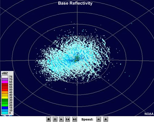 Base reflectivity image showing shades of light blue roughly organized into bands close to the radar.