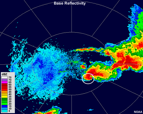 Base reflectivity showing a pronounced, wide hook echo on a supercell thunderstorm