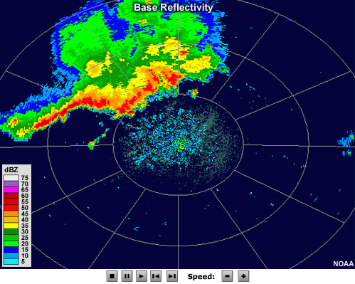 Reflectivity animation showing a large system consisting of a leading line of very intense precipitation followed by a broad area of moderate intensity precipitation.  A portion of the leading line of thunderstorms develops a bulge or bow outward toward the front over time.