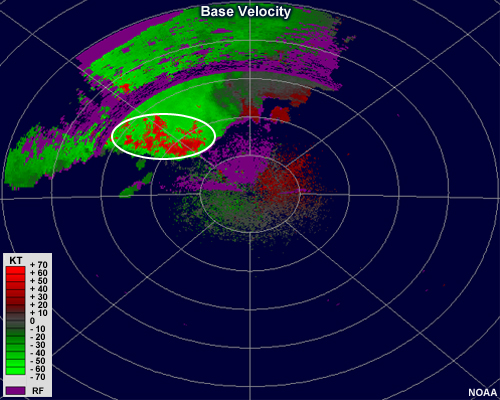 Radial velocity image showing very strong inbound velocities in green to the northwest of the radar.  Some are aliased to shades of red.