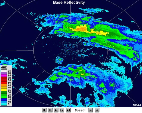 Radar reflectivity loop showing areas of precipitation with a small portion of targets moving against the wind