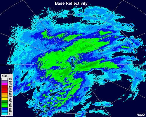 Radar reflectivity animation showing an area of light precipitation with subtle banding features that come and go.