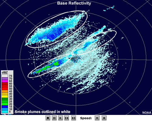 Radar reflectivity animation showing an echo appear at nearly the location of the radar and then elongate toward the northeast over time.