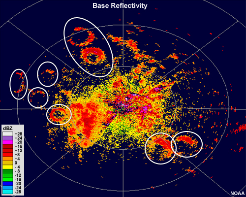 radar reflectivity animation showing several small rings of reflectivity that expand with time