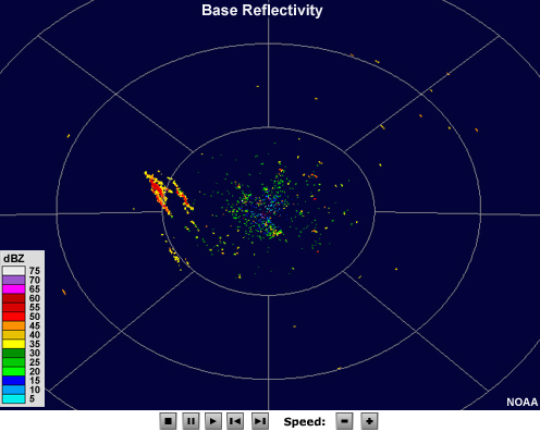 Radar reflectivity animation showing long, narrow echoes of low intensity oriented north-to-south.  These echoes move toward the east over time.