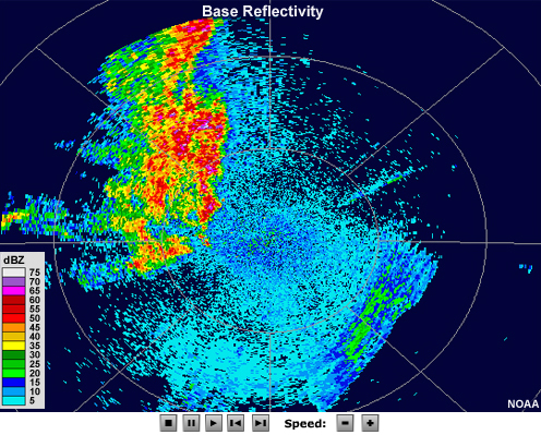 Base reflectivity image showing scattered areas of intense reflectivity, without a cellular or line nature