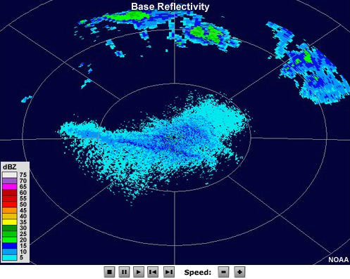 Radar reflectivity animation showing an enhanced strip of low reflectivity moving north amongst very low reflectivity clutter