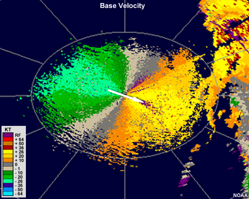 Radial velocity image showing blue and green colors to the north and west of the radar and red and yellow colors to the south and east of the radar.