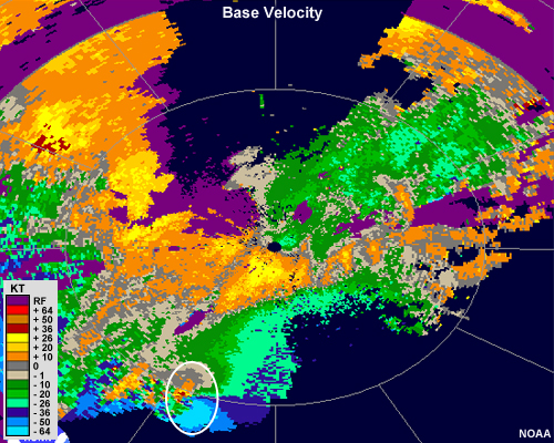 Base velocity showing a coupling of strong inbound velocities and strong outbound velocities indicating a counterclockwise rotating mesocyclone