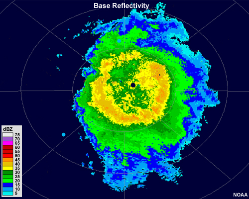 A base reflectivity image with an almost complete circle of enhanced reflectivity around the radar site indicating the presence of melting snowflakes