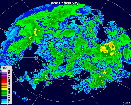 Radar reflectivity animation showing widespread, scattered cells of weak to moderate precipitation 