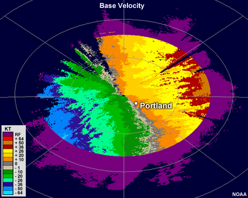 Radial velocity image showing shades of green to the west of the radar and shades of red to the east of the radar.