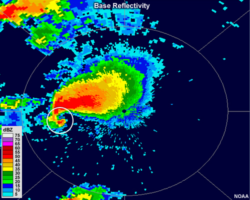 Radar reflectivity showing a supercell thunderstorm with a long, pronounced hook echo (circled).