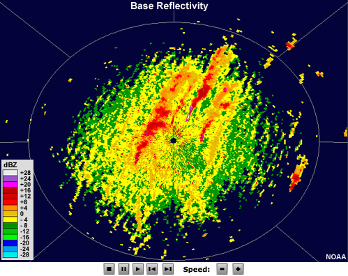 radar reflectivity showing several long, narrow lines of low value that advect over time.