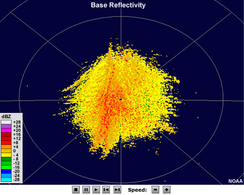 Radar reflectivity animation showing a distinct low-reflectivity fine line oriented from southwest to northeast.  Several intense thunderstorms develop a short distance ahead of the line.