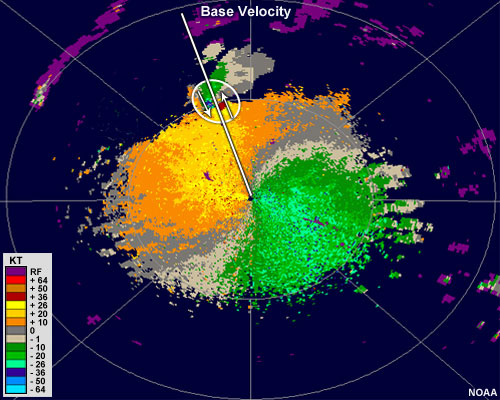 Base velocity image showing shades of green east of the radar and shades of orange west of the radar.  Further northwest from the radar, there is a small region of strong outbound velocities in red adjacent to a small region of strong inbound velocities in blue.