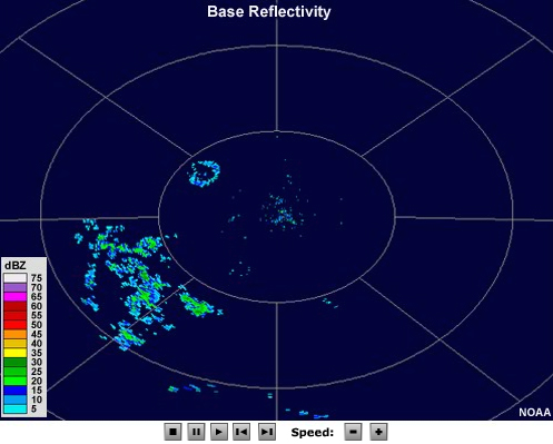 Radar reflectivity loop showing areas of precipitation with a small portion of targets moving against the wind