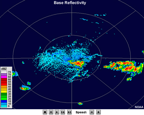 Radar reflectivity showing an circular fine line that emanates from a cluster of small but intense thunderstorm cells.