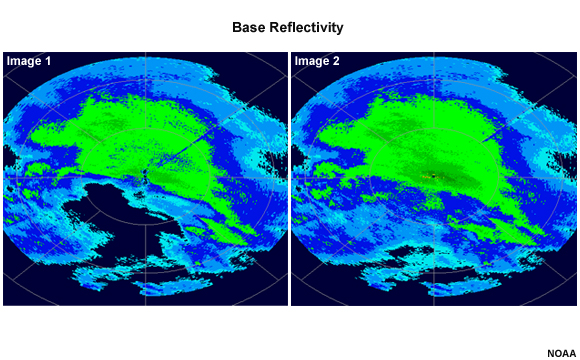 The radar reflectivity image in the left panel shows light to moderate precipitation over much of the radar range.  The image on the right shows precipitation covering the same regions as that in the left panel, but also extending into areas where no precipitation existed in the left panel image.