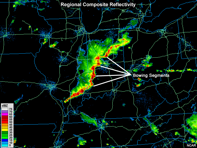 Several mini bow echoes form a line running roughly north to south on composite radar reflectivity