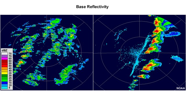 Two radar reflectivity images. The  thunderstorms in the left panel are not as strong as the ones in the right panel, where there is a very sharp change from almost no radar return to over 60 dBZ in the cores in some of the larger cells.