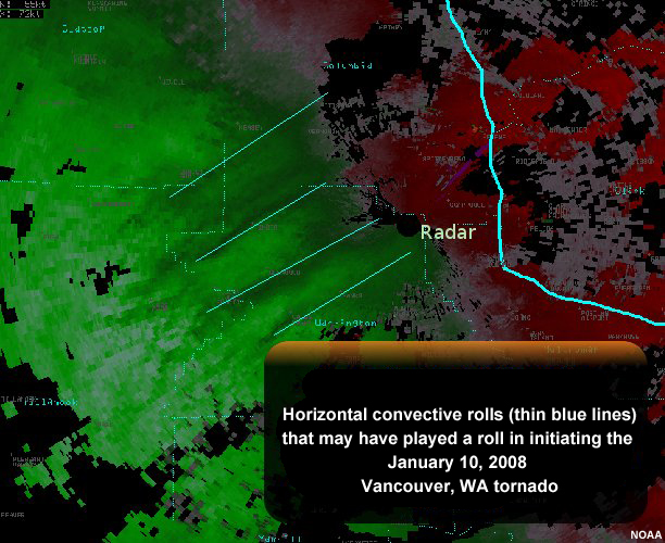 Radar image showing reflectivity from horizontal convective rolls that may have played a roll in initiating the January 10, 2008 Vancouver, WA tornado