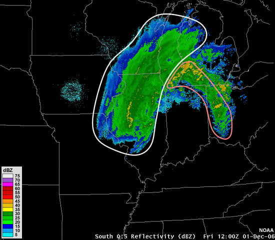 Regional reflectivity image showing precipitation wrapped around a low pressure center.  Moderate and steady reflectivity returns exist in the north and west portions of the system.  To the east, returns look more cellular in nature and have some more intense values of up to 50 dBZ. Area of snow is outlined in white, and area of rain or mixed precipitation is outlined in red.