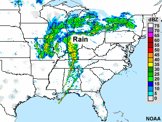National Reflectivity Image showing a mass of moderate to light precipitation over Missouri and Illinois.  A wide swath of moderate to light intensity precipitation extends east-northeastward to New York, while a narrower band of more intense precipitation extends southward through Alabama