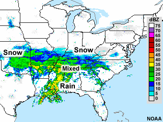 National Reflectivity Image showing a mass of moderate to light precipitation over Oklahoma.  A wide swath of moderate to light intensity precipitation extends eastward to through Arkansas, Tennessee and into the Carolinas.  A broad band of more intense precipitation extends southward through Alabama and Mississippi.