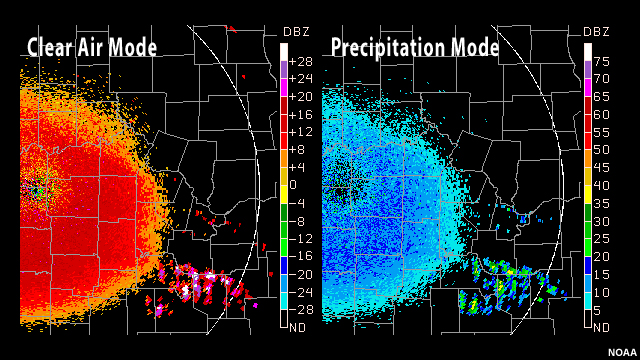 Comparison of base reflectivity image in clear air mode and precipitation mode