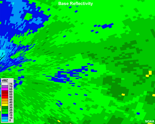 Base reflectivity image showing moderate precipitation across the radar image. The pixels of the image are somewhat small.