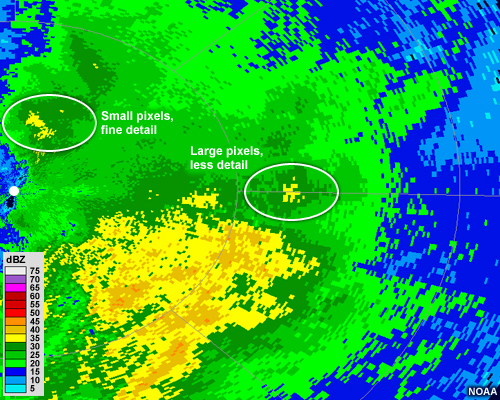 Zoomed view of a radar reflectivity image illustrating the pixel size close to the radar and far away from the radar
