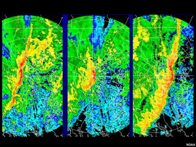 Three panel example of radar attenuation during the passage of a squall line