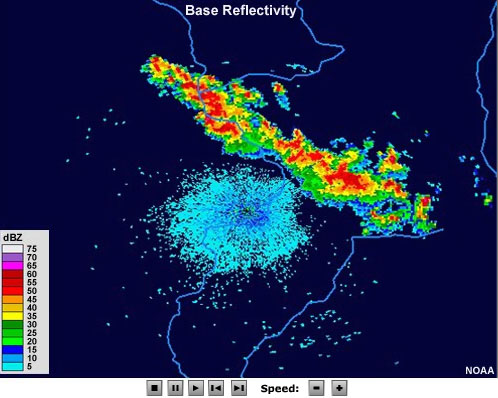 Loop of radar reflectivity showing strong convective cells training over the same basins for 5 hours