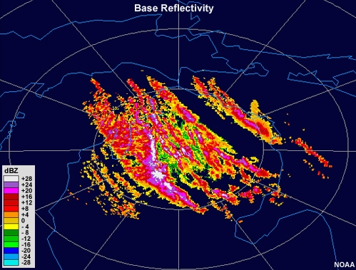 Radar reflectivity loop showing moderate intensity cells aligned in bands (or streets) downwind of lake Michigan.