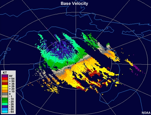 Radial velocity animation showing banded targets headed southeast downwind of lake Michigan.