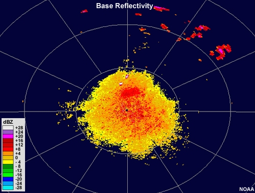 Radar reflectivity image showing small intense thunderstorms developing quickly and dissipating