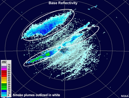 Radar reflectivity animation showing an echo appear at nearly the location of the radar and then elongate toward the northeast over time.