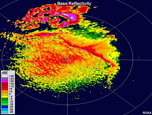 Radar reflectivity showing a fine line of low reflectivity that broadens over time