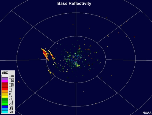 Radar reflectivity animation showing long, narrow echoes of low intensity oriented north-to-south.  These echoes move toward the east over time.