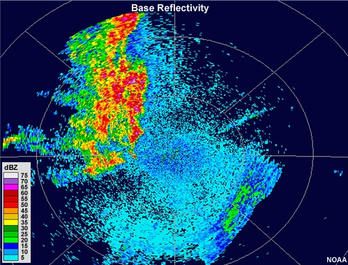 Base reflectivity image showing scattered areas of intense reflectivity, without a cellular or line nature